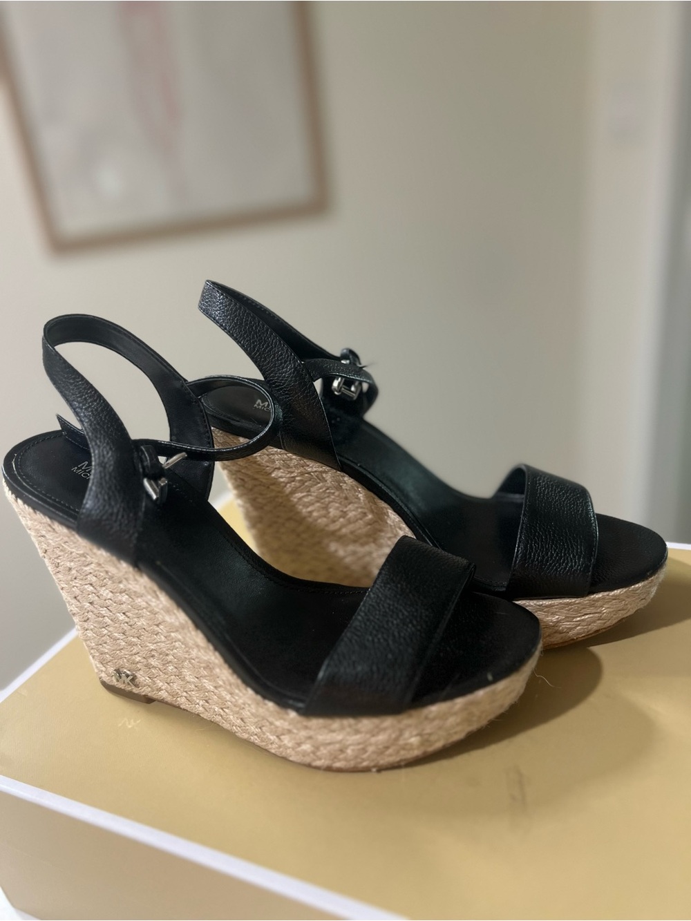 Michael Kors Black Leather Espadrille Wedge Sandals | Ankle Strap Size 8